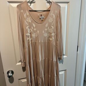 Chico's Beige Floral Embroidered Long Sleeve Dress